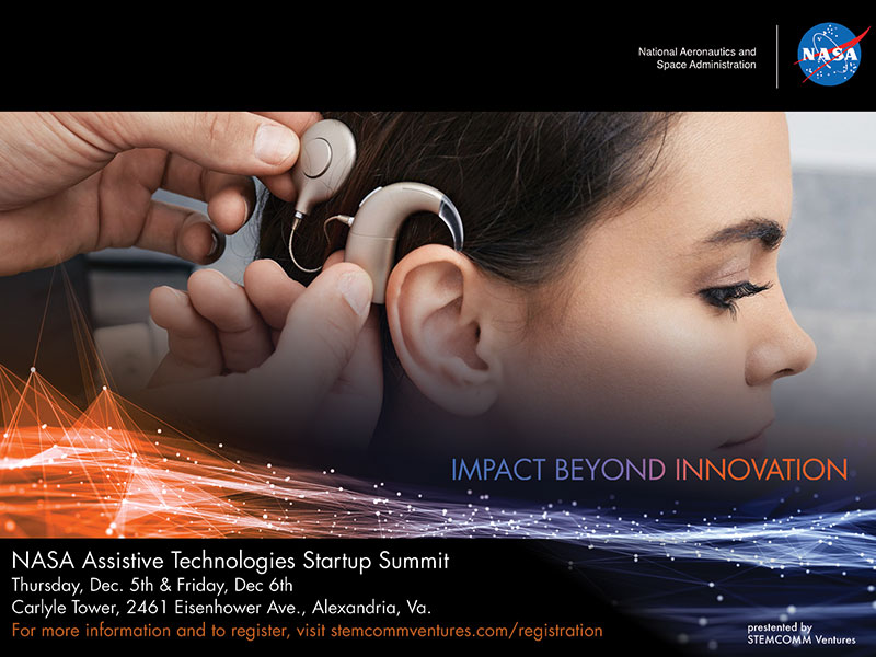 A hand places a hearing aid on a woman's ear. Graphic for NASA's Assistive Technologies Startup Summit.