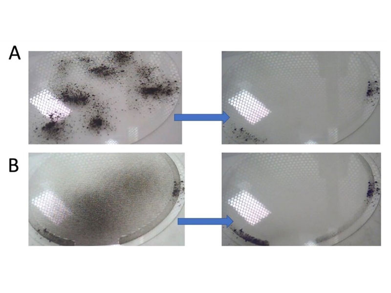 Examples of the EDS actively removing the dust from glass surfaces under vacuum when dust is placed (a) by a brush and (b) by a vacuum dust deposition system.