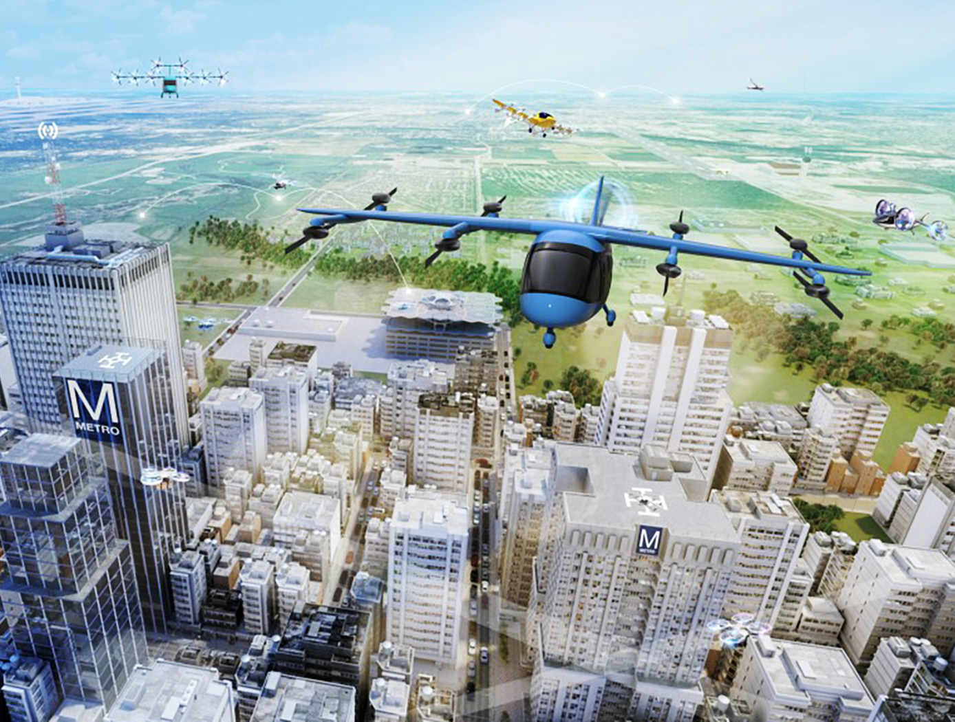 Illustrated graphic of aircraft flying over a futuristic urban landscape