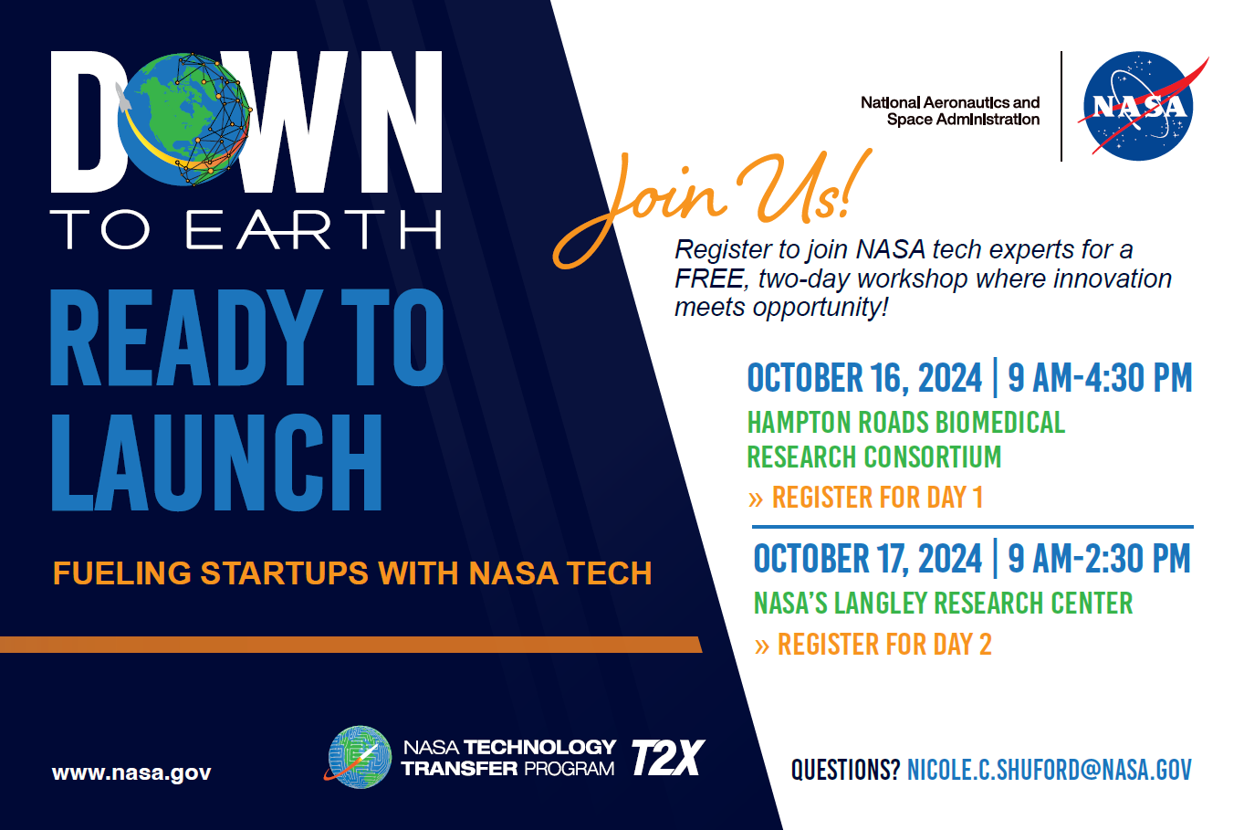 Flyer graphic for the event: Down to Earth, Ready for Launch Fueling Startups with NASA Tech