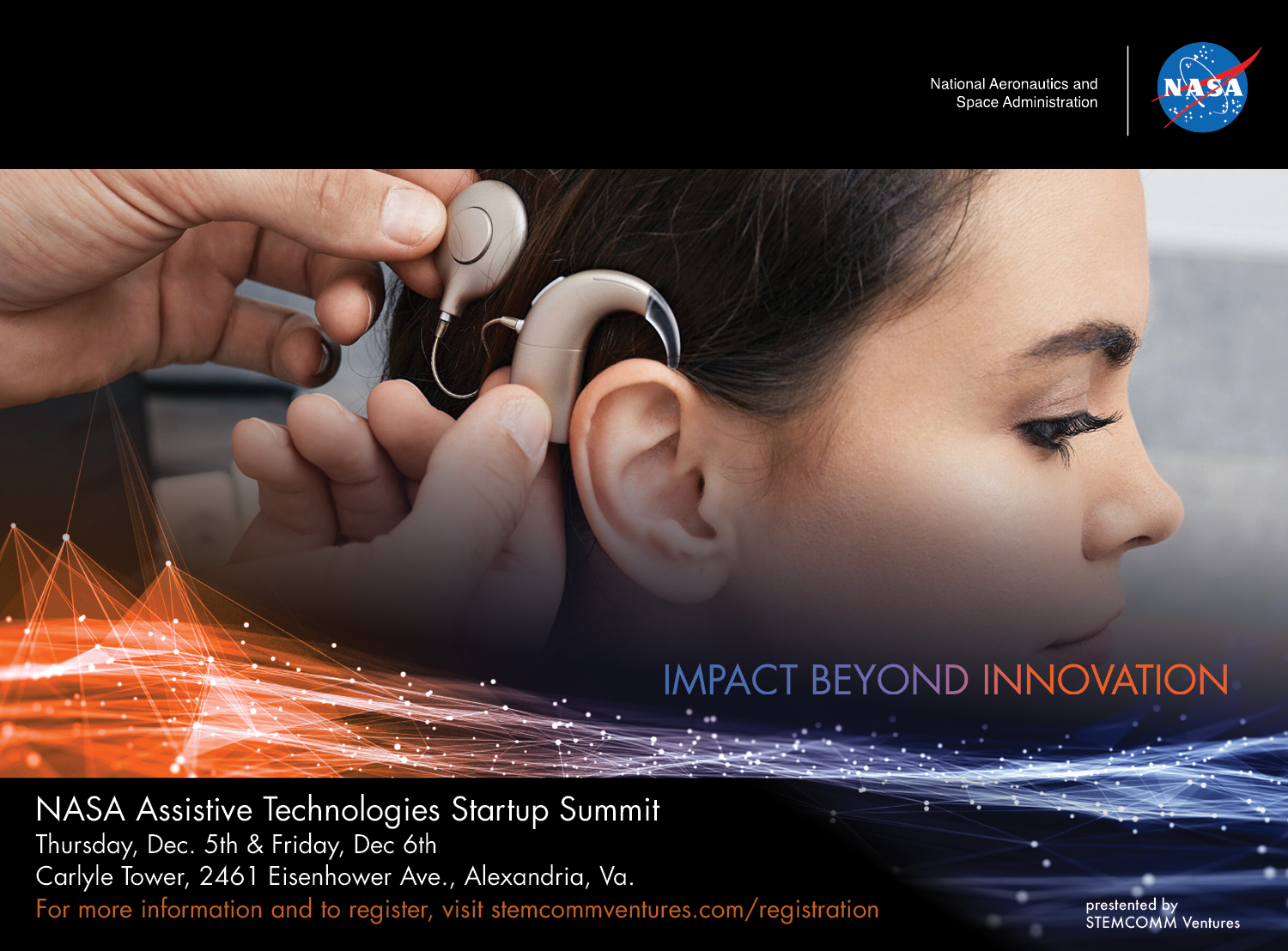 A hearing aid is placed on a person's ear. Graphic for NASA's Assistive Technologies Startup Summit