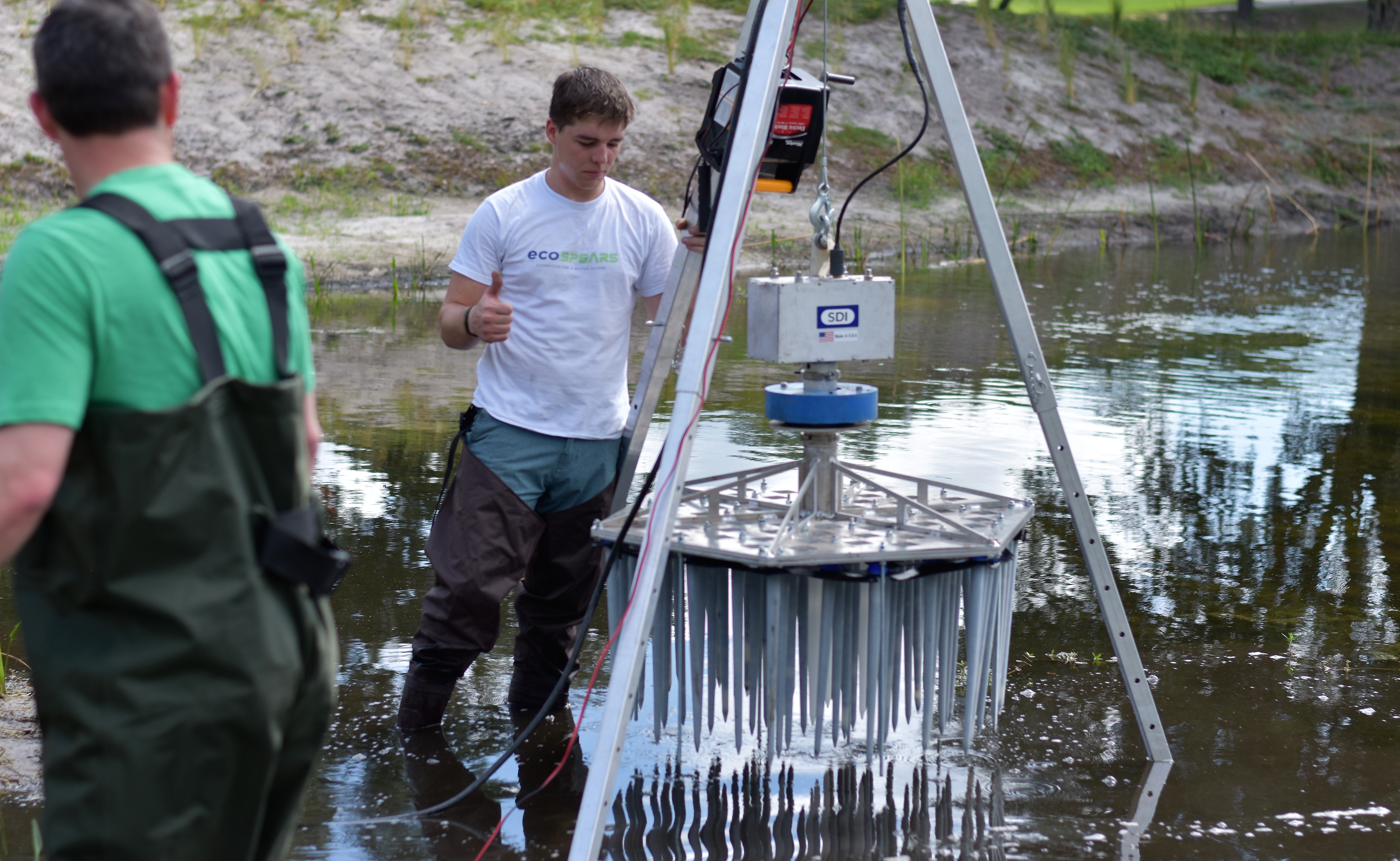 A mat of ecoSPEARS spikes filled with the NASA-developed technology removes toxic Polychlorinated biphenyls (PCBs) without damaging the aquatic ecosystem. Photo credit: Gagan Cambow, ecoSPEARS